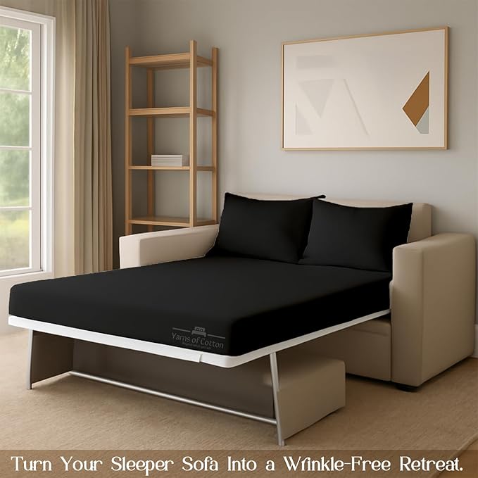 Sleeper Sofa 4 Piece Bed Sheet Set Premium Quality 100% Cotton 500 Thread Count, Smooth & Super Soft Sateen Weave, Extra Soft Bed Sheets, Wrinkle Free, 6 Inch Deep Pocket (Full, Black)