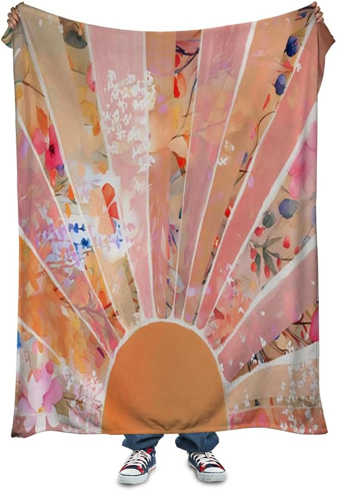 Orange Boho Sun Throw Blanket 70Wx80H Inch Bohemian Minimalist Art Boys Girls Abstract Colorful Flower Aesthetic Blankets Warm Fuzzy Throw Blanket for Sofa Bed Throws Birthday Presents