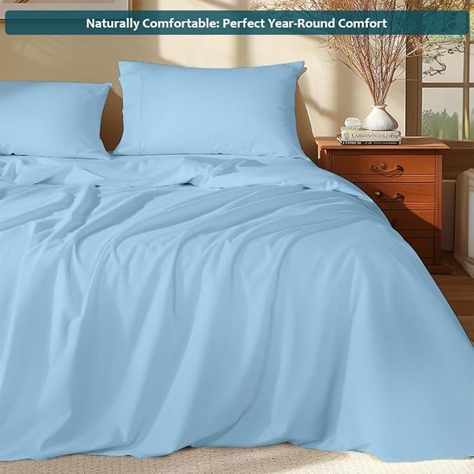 Twin Sheets Set - Luxury 338 Thread Count 100% Egyptian Cotton Sateen, Twin Sheet Set with All Around Elastic for a, Hotel Quality Bedding (Light Blue Solid)