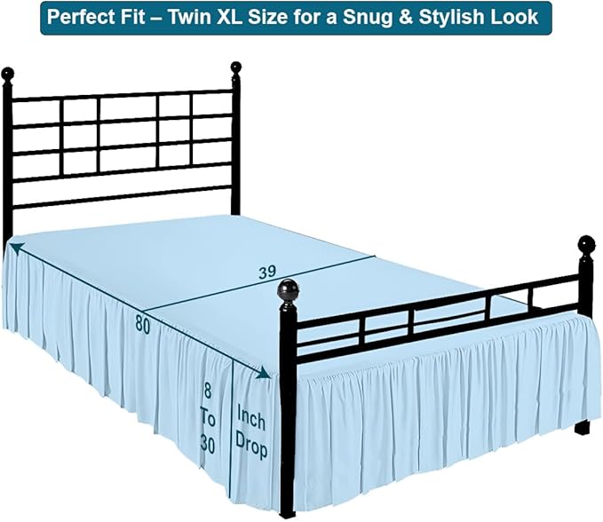 Shreem Linen Ruffled Bed Skirt with Split Corners, Gathered Style, 100% Microfiber, 24-Inch Drop, Dust Ruffle Bedskirt with Platform, Twin-XL, Light Blue