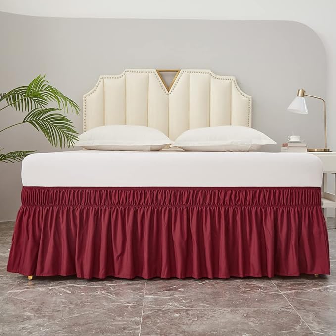 MEILA Wrap Around Bed Skirt Three Fabric Sides Elastic Dust Ruffled 16 Inch Tailored Drop,Easy to Install Fade Resistant-Burgundy, Queen/King