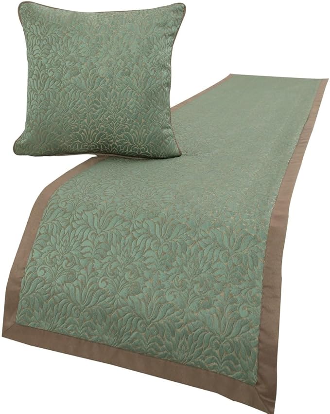 The HomeCentric King/Queen/Twin Blue & Beige Decorative King 90"x18" Bed Runner with 2 Pillow Cover, Damask Bed Scarf on Jacquard Fabric - Arabella