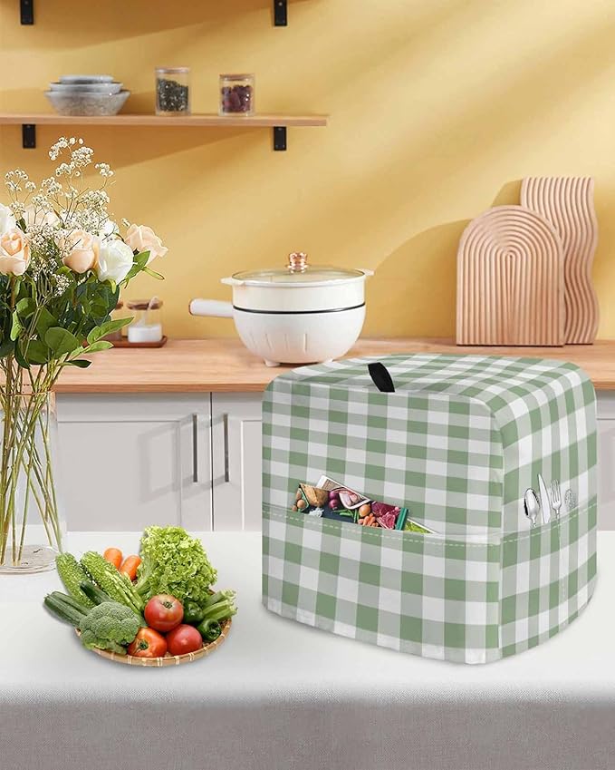 Green Plaid Stand Mixer Dust Cover with Storage Pocket & Handles, Fits All Tilt Head & Bowl Lift Modern Minimalism Kitchen Appliance Cover Organizer Buffalo Checked Art Bag Accessories, 6-8 Quart