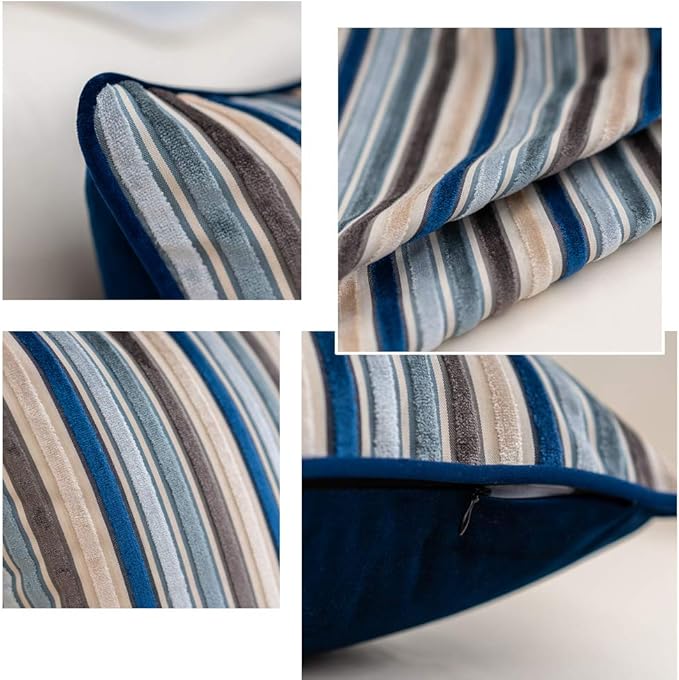 Yangest Blue Striped Throw Pillow Cover Multicolor Velvet Cushion Cover Modern Bohemian Pillowcase for Sofa Couch Bedroom Living Room Home Christmas Decoration,20x20 Inch