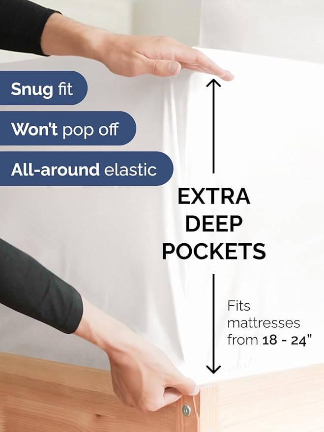 Extra Deep Twin XL Fitted Sheet - Hotel Luxury Single Fitted Sheet Only - Easily Fits 18 inch to 24 inch Mattress - Ultra Soft, Wrinkle Free w/Extra Deep Pockets - Breathable & Comfy - Antique White