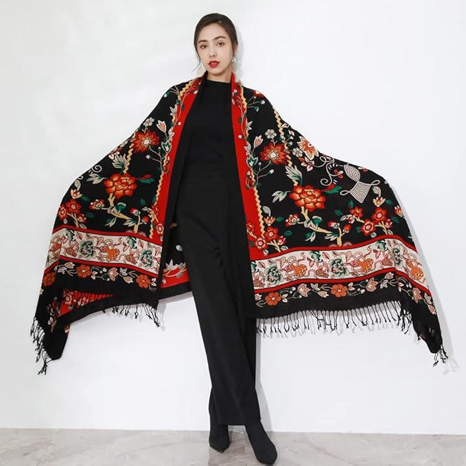 DANA XU 100% Merino Wool Pashmina Shawl for Women 96"x43", Oversized Cashmere Wrap with Tassels, Floral Travel Blanket Cape