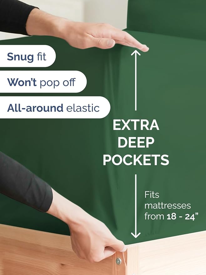 Extra Deep Twin Fitted Sheet - Hotel Luxury Single Fitted Sheet Only - Easily Fits 18 inch to 24 inch Mattress - Ultra Soft, Wrinkle Free with Extra Deep Pockets - Breathable & Comfy - Emerald Green
