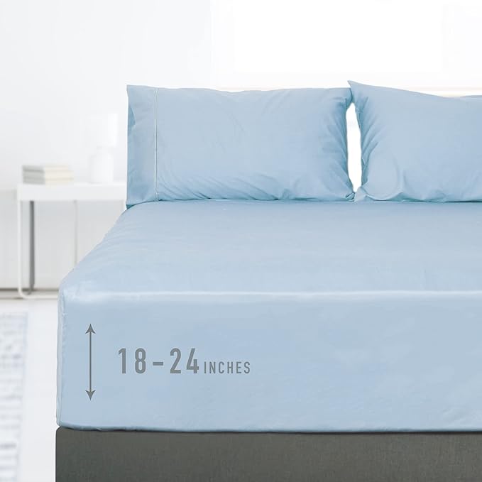 Sunflower King Fitted Sheet, 1-Piece Extra Deep Pocket Fitted Bottom Sheet 19", 100% Cotton Sateen Soft Breathable, Powder Blue