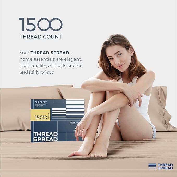 THREAD SPREAD 100% Egyptian Cotton Sheets Queen Size - 1500 Thread Count 4 PC Sheet Set Egyptian Cotton, Sateen Luxury Sheet Queen Size, Silky Soft Sateen Sheets, 17" Deep Pocket - Taupe