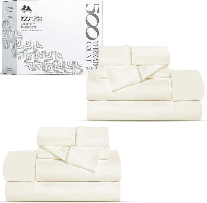 Mayfair Linen 100% Egyptian Cotton 2 Pack Full Sheet Set - Luxury 500 Thread Count Cotton Sheets Full Size (8 PC, Ivory), Soft, Cooling, Sateen Weave, 16" Deep Pocket Hotel Quality Bed Sheet Set
