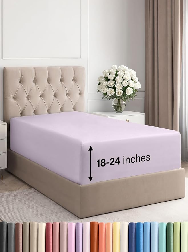 Extra Deep Twin XL Fitted Sheet - Hotel Luxury Single Fitted Sheet Only - Easily Fits 18 inch to 24 inch Mattress - Ultra Soft, Wrinkle Free w/Extra Deep Pockets - Breathable & Comfy - Light Lavender