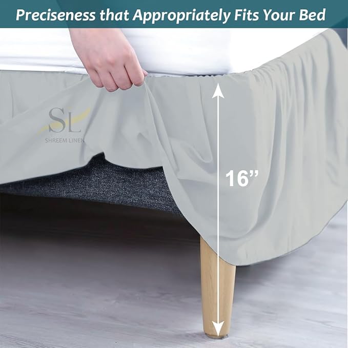 Shreem Linen Ruffled Bed Skirt with Split Corners, Gathered Style, 100% Microfiber, 16-Inch Drop, Dust Ruffle Bedskirt with Platform, Twin, Light Grey