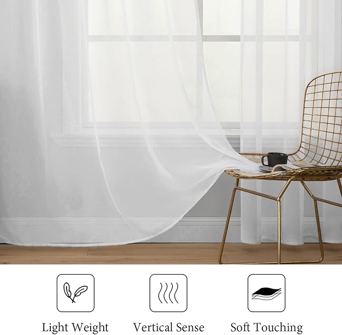 MIULEE White Window Sheer Curtains for Bedroom Living Room Solid Elegant Net Drapes 2 Panels Width 38 x Length 63 Inches