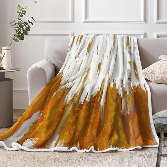 Abstract Ombre Throw Blankets, Modren Chic Art Oil Painting Cozy Warm Bed Couch Blanket, Yellow Gold White Fleece Flannel Throws to Decorate The Room and Bedroom