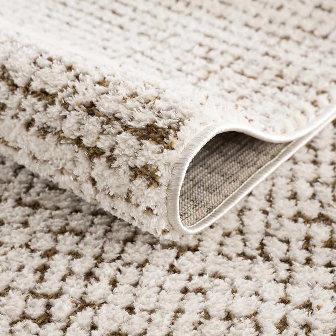 Hauteloom Keita Contemporary Mosaic Area Rug - High Pile Fluffy Soft Shag Rug for Living Room, Bedroom, Dining Room - Cream, Brown - 8'10"12