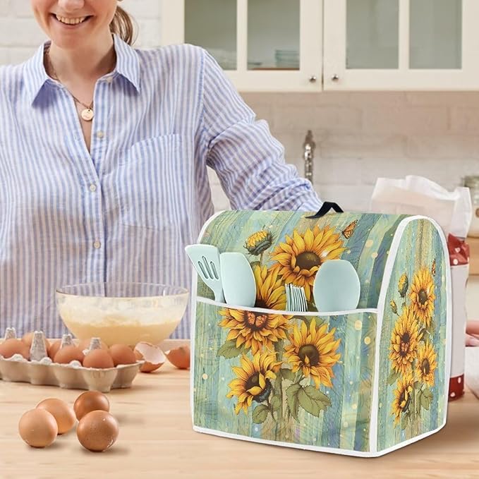 Sunflower Stand Mixer Cover Green Wood Grain Mixer Cover Dust Cover Compatible with 4.5-5 Quart Kitchen Mixer Anti-Stain Anti-Static Appliance Cover with Top Handl and Pockets