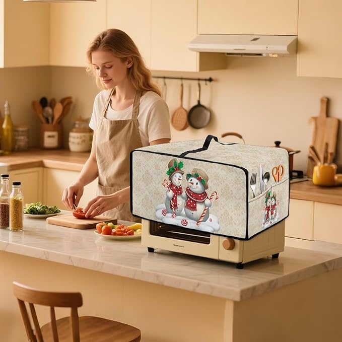 Air Fryer Toaster Oven Dust Cover Protective Microwave Oven Cover Small Appliance Protector Decorations Kitchen Accessories for Christmas, M, Snowman Candy Cane Floral Pattern Beige