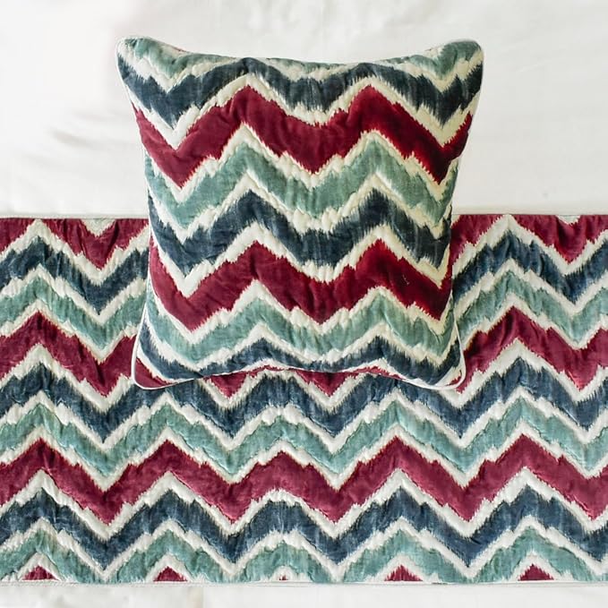The HomeCentric King/Queen/Twin Red & Blue Designer Twin 53"x18" Bed Runner with Two Pillow Cover, Chevron & Quilted Bed Scarf on Suede Fabric - Chevron Symphony