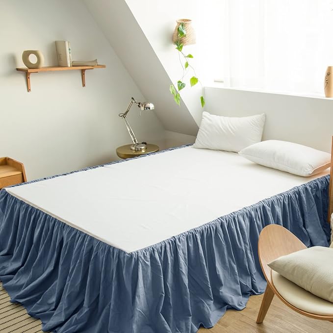 BISELINA French Linen Bed Skirt with Pleated Frills 14-Inch Tailored Drop Natural Flax Cotton Blend Dust Ruffle Soft Cozy Farmhouse Bedding (14" Queen, Navy Blue)