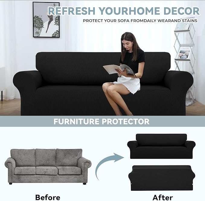 LURKA Stretch Oversized Sofa Slipcovers 1 Piece Couch Covers for 3 Cushion Couch Sofa Furniture Protector Full Sofa Covers with Elastic Bottom for Kids and Pet (X-Large, Black)