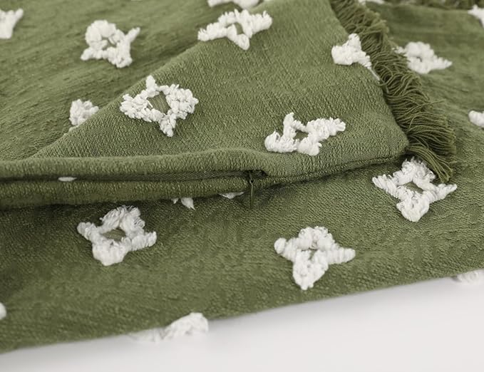 Boho Long Lumbar Pillow Cover 14x24 with Tassel,3D Flower Patterned Cotton Decorative Long Lumbar Pillow Cover Pillow Case for Sofa Couch Bed Livingroom Farmhouse,Sage Green