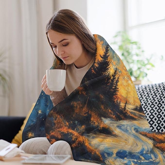 Magic Forest Blanket, Abstract Art Oil Painting Dreamworld River Jungle Sunset Pattern Soft Warm Cozy Plush Flannel Covers for Livingroom Bedroom Couch Chair Camping Travel Home Decor Tapestry 60x80in