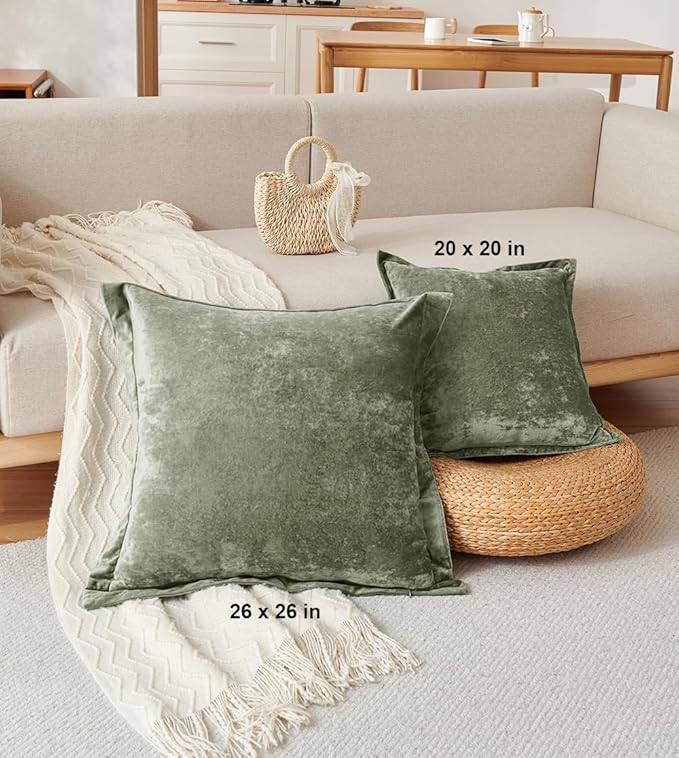 Luxurious Velvet Throw Pillow Covers 20x20 Set of 2 Decorative Pillow Covers Solid Square Cushion Case for Sofa Couch Bedroom Farmhouse, Army Green