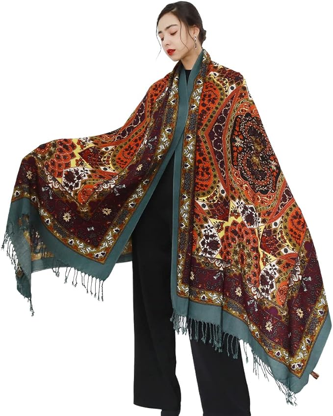 DANA XU 100% Merino Wool Pashmina Shawl for Women 96"x43", Oversized Cashmere Wrap with Tassels, Floral Travel Blanket Cape