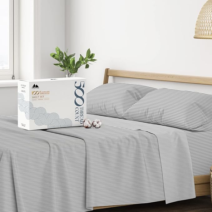 Mayfair Linen 100% Cotton Sheets Set - 500 Thread Count 4 PC Set, Soft, Cooling, Sateen Weave 16" Deep Pocket Bedsheet - 4 PC, California King Light Grey Stripe