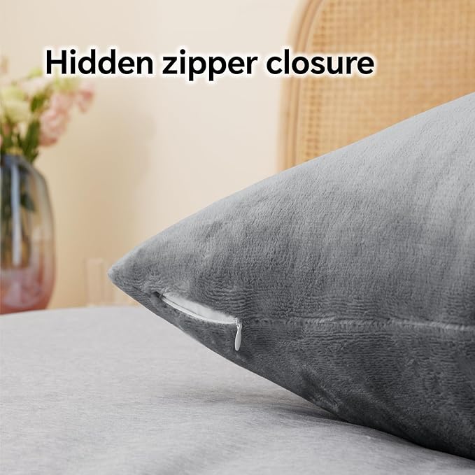 BEDELITE Flannel Pillow Cases Queen Size Set of 2, Super Soft Fleece Pillowcases with Zipper for Bedroom, Sofa, Couch,Luxury Cozy Fuzzy Velvet Pillow Shams for All Seasons(20x30 Inches,Gray)