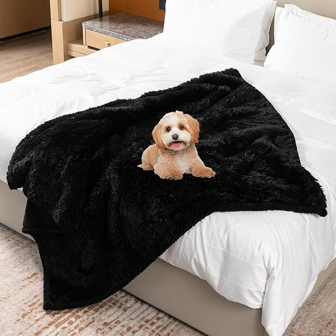 Black Calming Dog Blankets Waterproof Pet Blanket for Dogs Puppy Cats Fluffy Long Faux Fur Throw Blankets for Couch Protector Love Bed Cover Washable(Black,S)