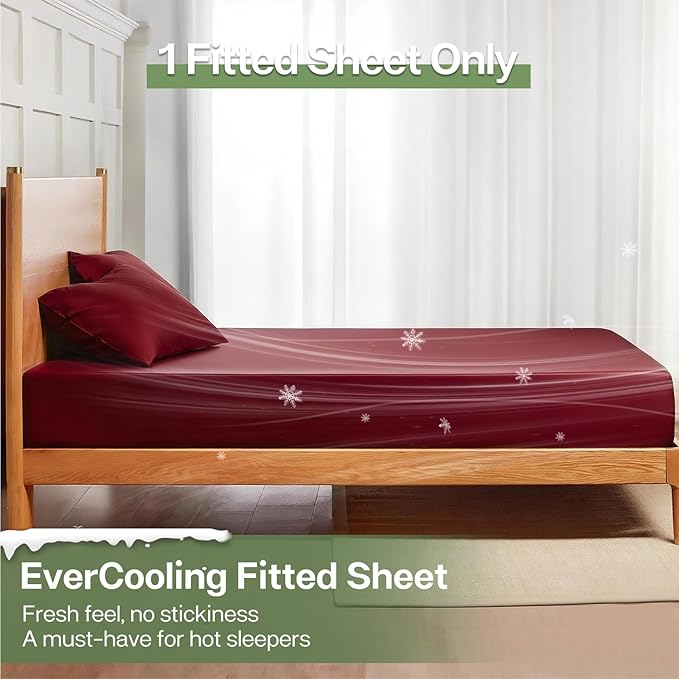 MR&HM Twin Fitted Sheet Only, Ultra-Soft Rayon Derived from Bamboo & Polyester Blend, Silky & Breathable, 15" Deep Pocket with Elastic Straps, Cooling Fitted Sheet for Hot Sleepers, Burgundy