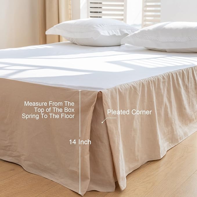 BISELINA French Linen Bed Skirt with Pleated Corner 14-Inch Tailored Drop Natural Flax Cotton Blend Basic Dust Ruffle Soft Cozy Farmhouse Bedding (14" Full, Basic Linen)