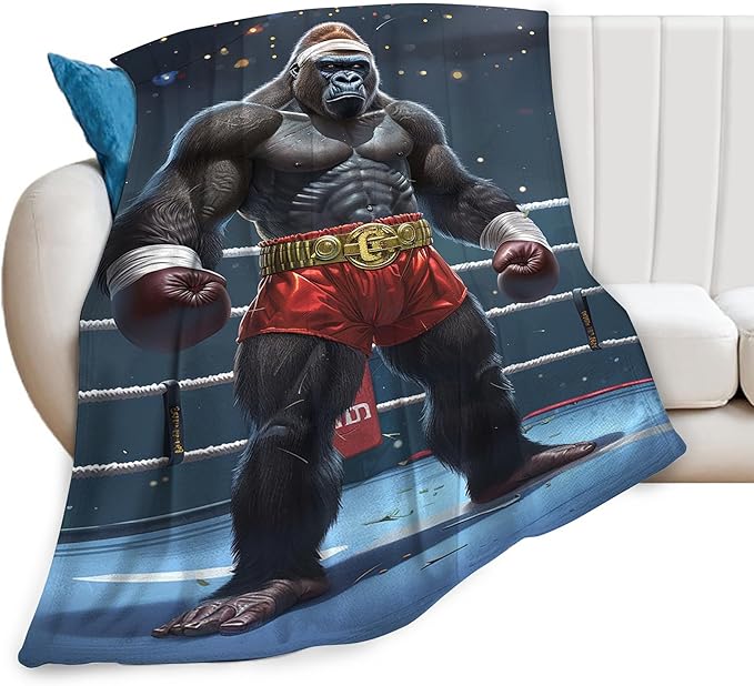 Gorilla Boxing Throw Blanket, 60"x50", Black, Microfiber, Heavyweight, Water Resistant, Perfect for Couch, Bed, Camping, Reading, Napping