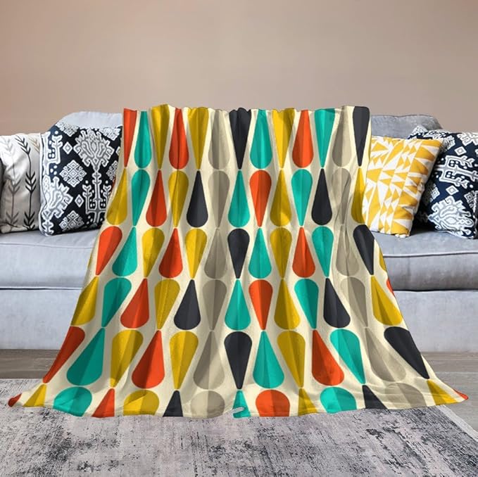 Mid Century Throw Blanket, Modern Drop Shape Retro Colors Boho Orange Teal Black Geometric Pattern Throws Blankets for aby Toddler Dog Cat 40"x50"