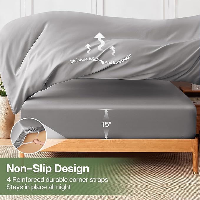 MR&HM Queen Fitted Sheet Only, Ultra-Soft Rayon Derived from Bamboo & Polyester Blend, Silky & Breathable, 15" Deep Pocket with Elastic Straps, Cooling Fitted Sheet for Hot Sleepers, Silver Grey