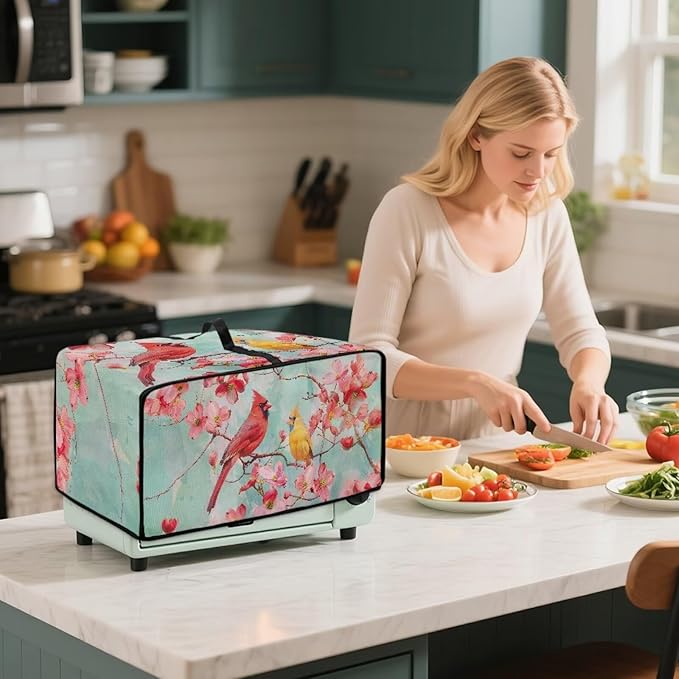 Cardinal Cherry Blossom Print Microwave Oven Cover Waterproof Dust-Proof Microwave Toaster Oven Cover with Storage Bags Universal Washable Decor Accessories for Kitchen, M