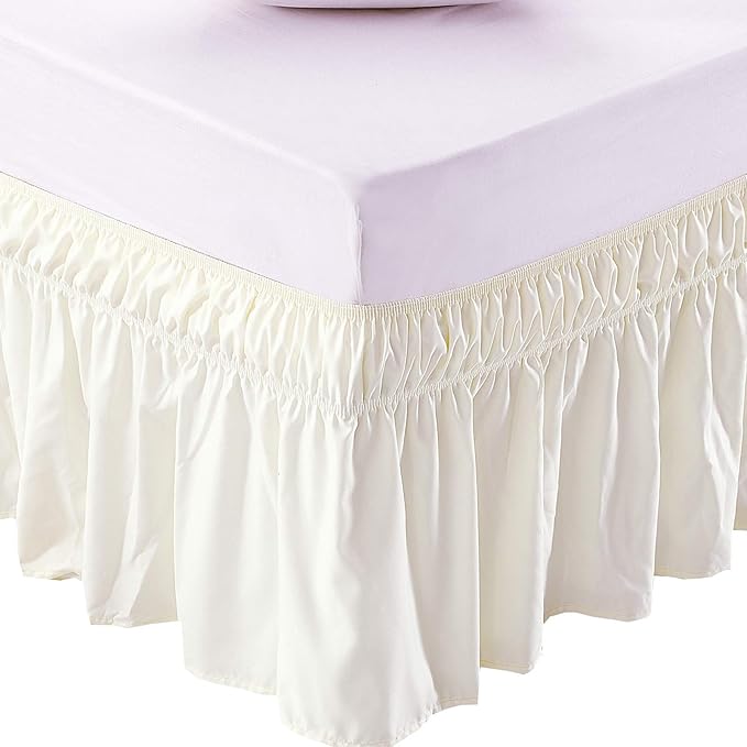MEILA Wrap Around Bed Skirt Three Fabric Sides Elastic Dust Ruffled 16 Inch Tailored Drop,Easy to Install Fade Resistant-Ivory, Twin/Full