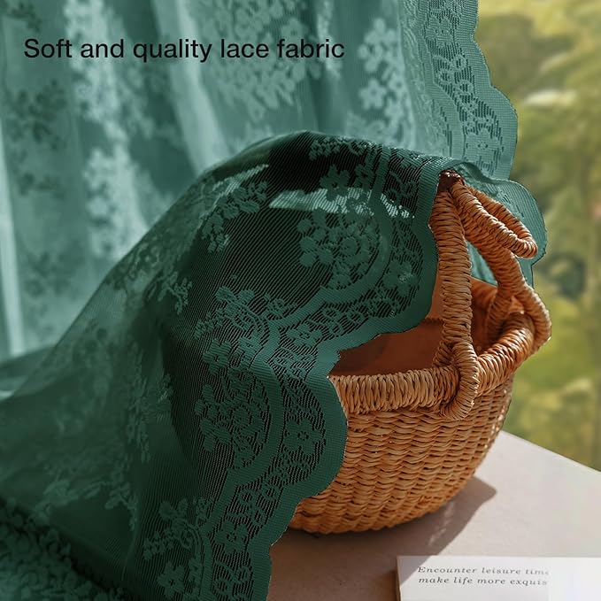 Anmao Vintage Lace Curtains 108 Inches Long 2 Panels, Romantic Semi Sheer Floral Lacy Curtain for Living Room, Elegant Window Drapes for Bedroom, Each Panel 55W x 108L, Turquoise