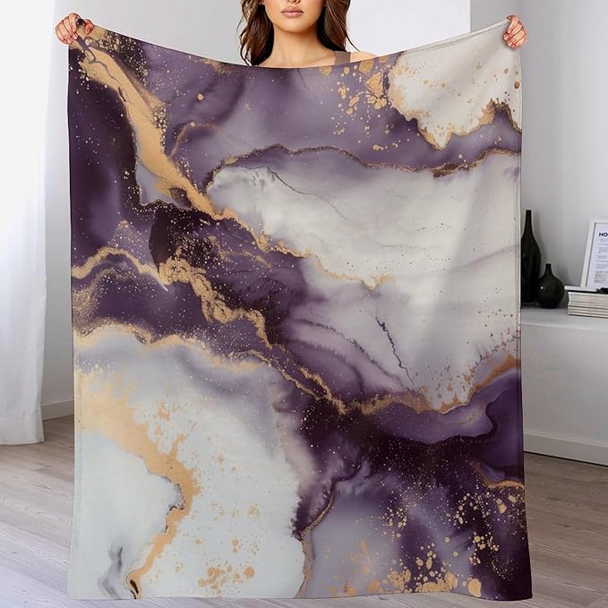 Modern Marble Blanket, Abstract Luxury Baroque Golden Purple White Stone Veins Pattern Soft Warm Cozy Plush Flannel Covers for Livingroom Bedroom Couch Chair Camping Travel Home Decor Tapestry 50x60in