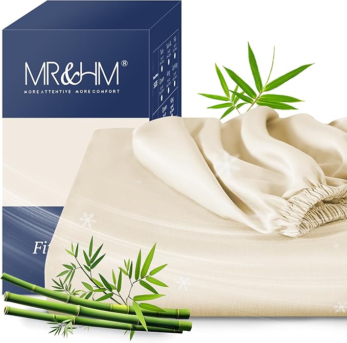 MR&HM Twin Fitted Sheet Only, Ultra-Soft Rayon Derived from Bamboo & Polyester Blend, Silky & Breathable, 15" Deep Pocket with Elastic Straps, Cooling Fitted Sheet for Hot Sleepers, Cream