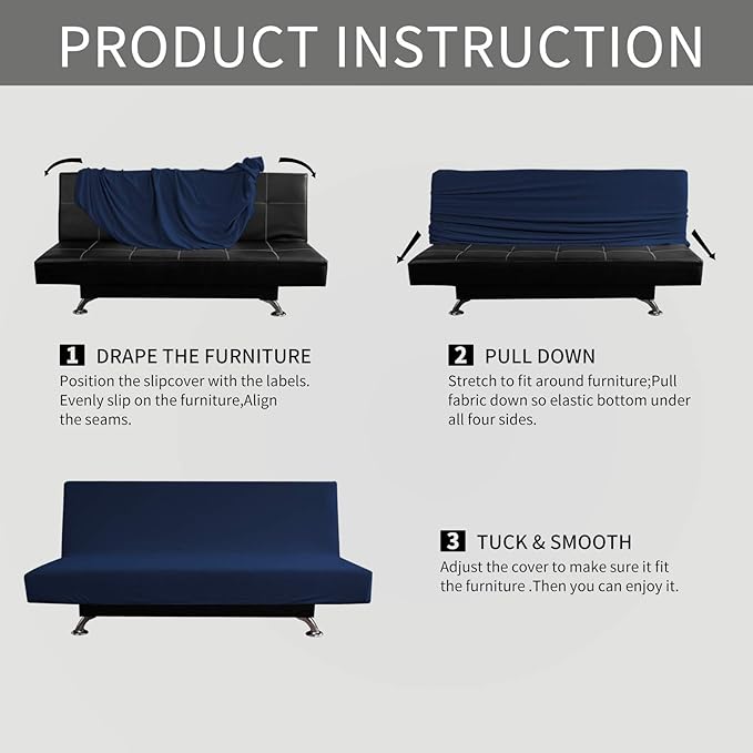 Easy-Going Stretch Futon Slipcover Armless Futon Bed Cover Furniture Protector Without Armrests with Elastic Bottom for Kids, Soft Jacquard Fabric Small Checks (Medium, Navy)