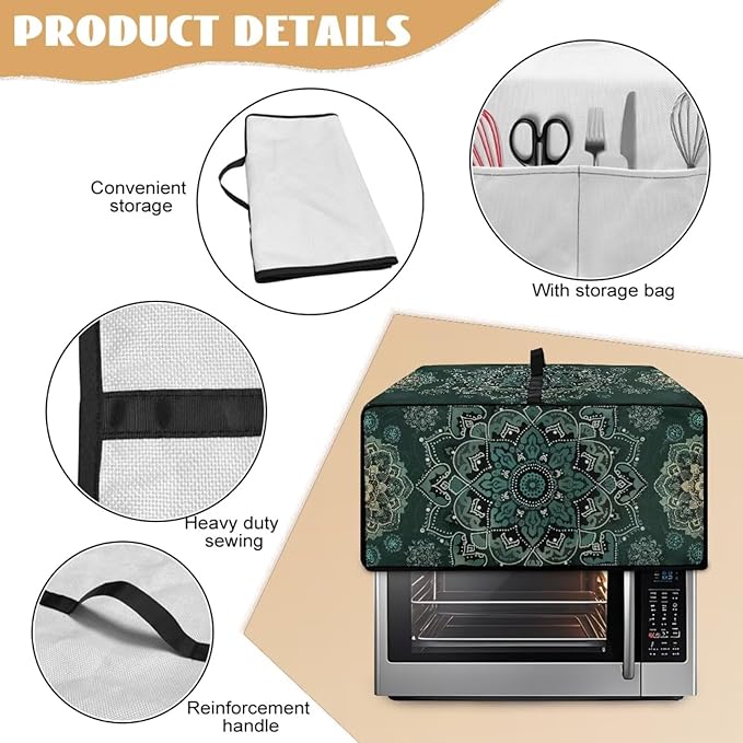 Green Boho Mandala Floral Print Microwave Oven Cover Dust-Proof Microwave Oven Grill Cover Protector Universal Waterproof Kitchen Appliance Protector Dirt and Fingerprint Protection, L