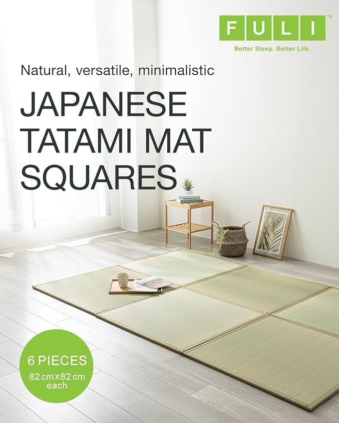 FULI Japanese Square Tatami Rug, Lightweight Igusa Mat (Japanese Rush Grass), Made in Japan (Natural, 6 Pieces)