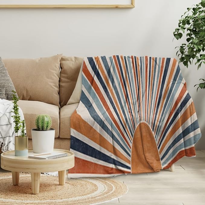 Boho Colorful Sunrise Throws Blankets Abstract Mid Century Modern Throw Blanket Minimalist Sun Boho Leaves Aesthetic Soft Warm Bed Bedding Women Blankets for Bedroom Sofa Office 40"x50"