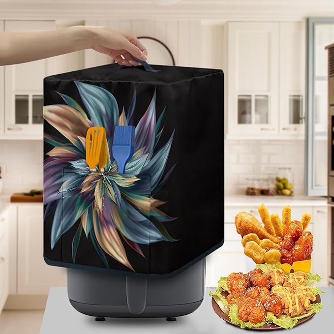 Air Fryer Cover Dust Cover Dust Protection Insulated Kitchen Appliance Cover with Top Handle and Accessories Pockets Gift for Women, Flower Brown Blue