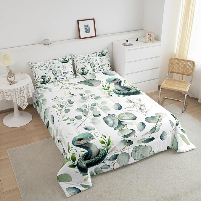 Erosebridal Cute Snake King Comforter Set for Kids Child Green Eucalyptus Bedding Set King, Wild Animal Bedding Comforter Sets Botanical Plant Leaves Duvet Set, Cartoon Wildlife Quilted Comforter