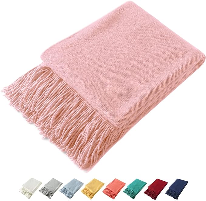 Homiest Decorative Knitted Throw Blanket with Fringe, Lightweight Acrylic Knit, Soft & Cozy Tassel Blanket for Couch, Sofa, Bed (Baby Pink, 50 x 60 Inch)
