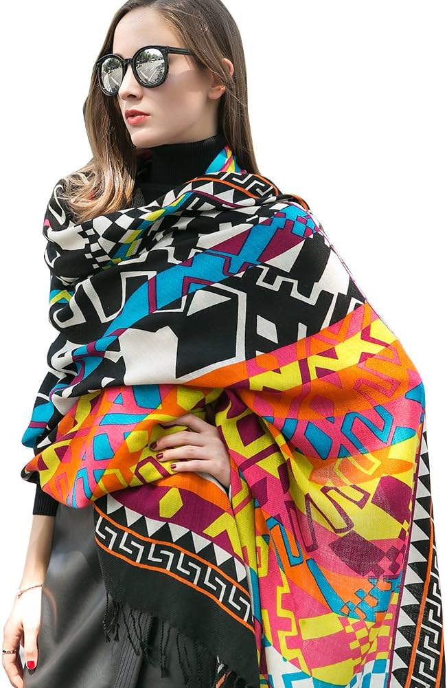 DANA XU 100% Merino Wool Pashmina Shawl for Women 96"x43", Oversized Cashmere Wrap with Tassels, Floral Travel Blanket Cape