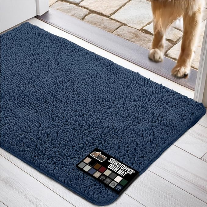 GORILLA GRIP SOAKSTOPPER Dog Door Mat, Machine Washable Rug Absorbent Doormat Captures Moisture Mud Dirt, Quick Dry Soft Chenille Entryway Rugs Indoor Entrance Mats for Dog Paws, 24x17 Navy Blue